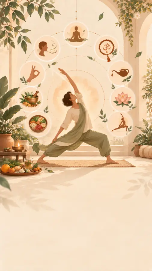 A person in a yoga pose surrounded by illustrations of practices