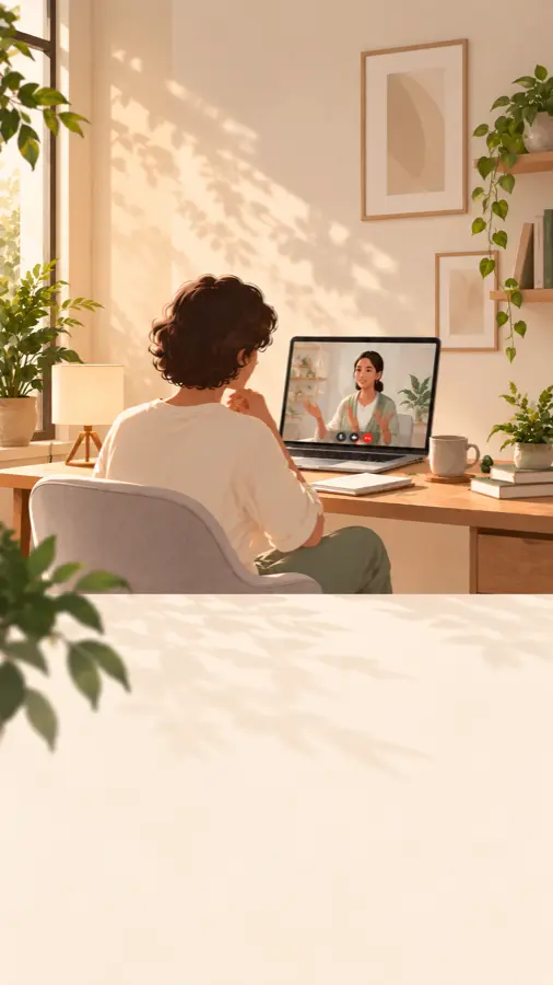 A practitioner on a video session from a bright, plant-filled room