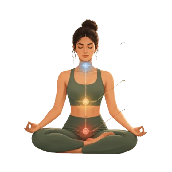 Illustration of a seated practitioner with energy points highlighted