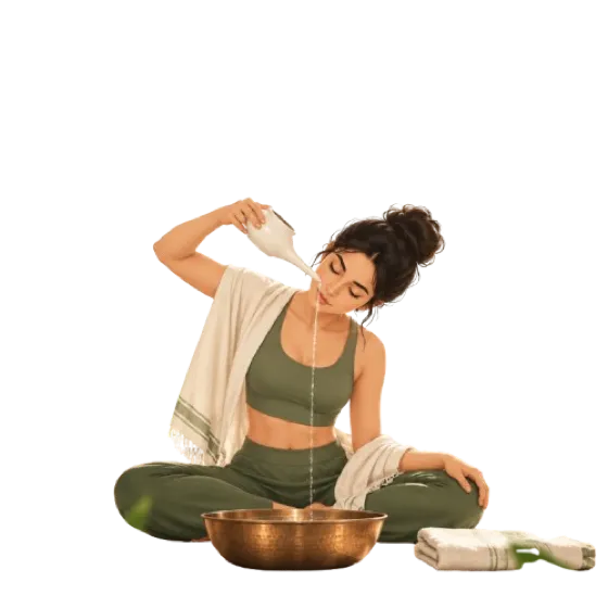 Illustration of a traditional cleansing practice with a brass bowl